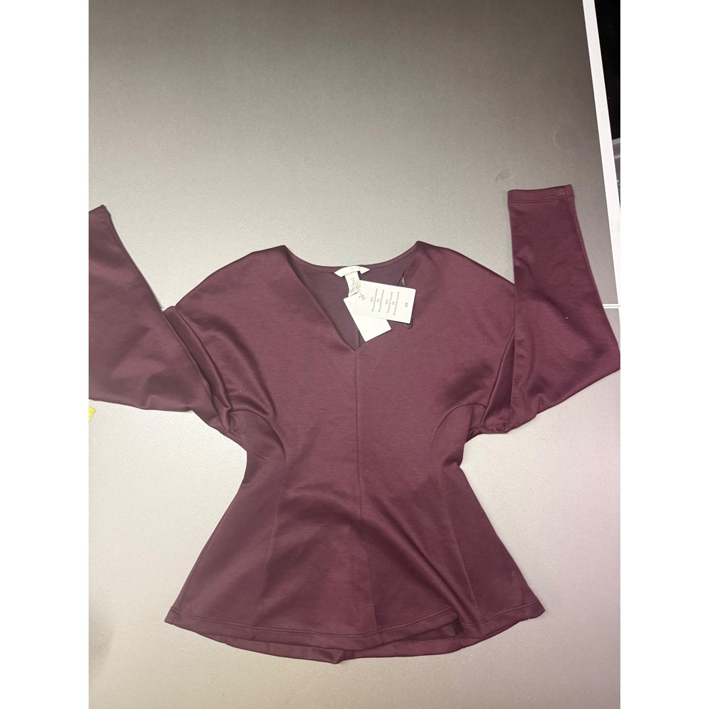HM Womens V-Neck Peplum Top Burgundy Long Sleeve Stretch Knit Size S